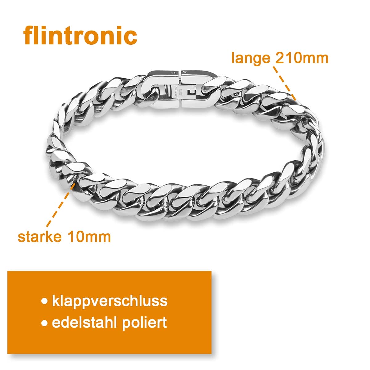 flintronic Mens Silver Bracelets，10mm Men's Strong Antique Cuban Silver Bracelet ，Fashion Retro 21cm Titanium Steel Simple Six-sided Flat Denim Bracelet