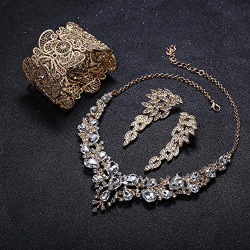 Kakonia Crystal Bling Jewellery Set for Women Rhinestone Necklace Earrings Bracelet Silver Gold Rosegold Tone Black Sparkling Galt Sparkle Bridal Weeding Bridesmaid Bride Jewellery for Women