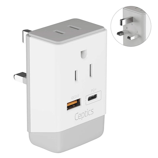 Ceptics UK Ireland Hong Kong Plug Adapter, International Power Plug with USB & USB-C - 2 USA Socket, QC 3.0 & PD - Type G Outlet Adapter for USA to British England Scotland London - Fast Charging