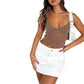 Women Y2k Cami Top See Through Deep V Neck Mesh Patchwork Spaghetti Strap Cropped Top Sleeveless Tank Vest Top (Brown, S)