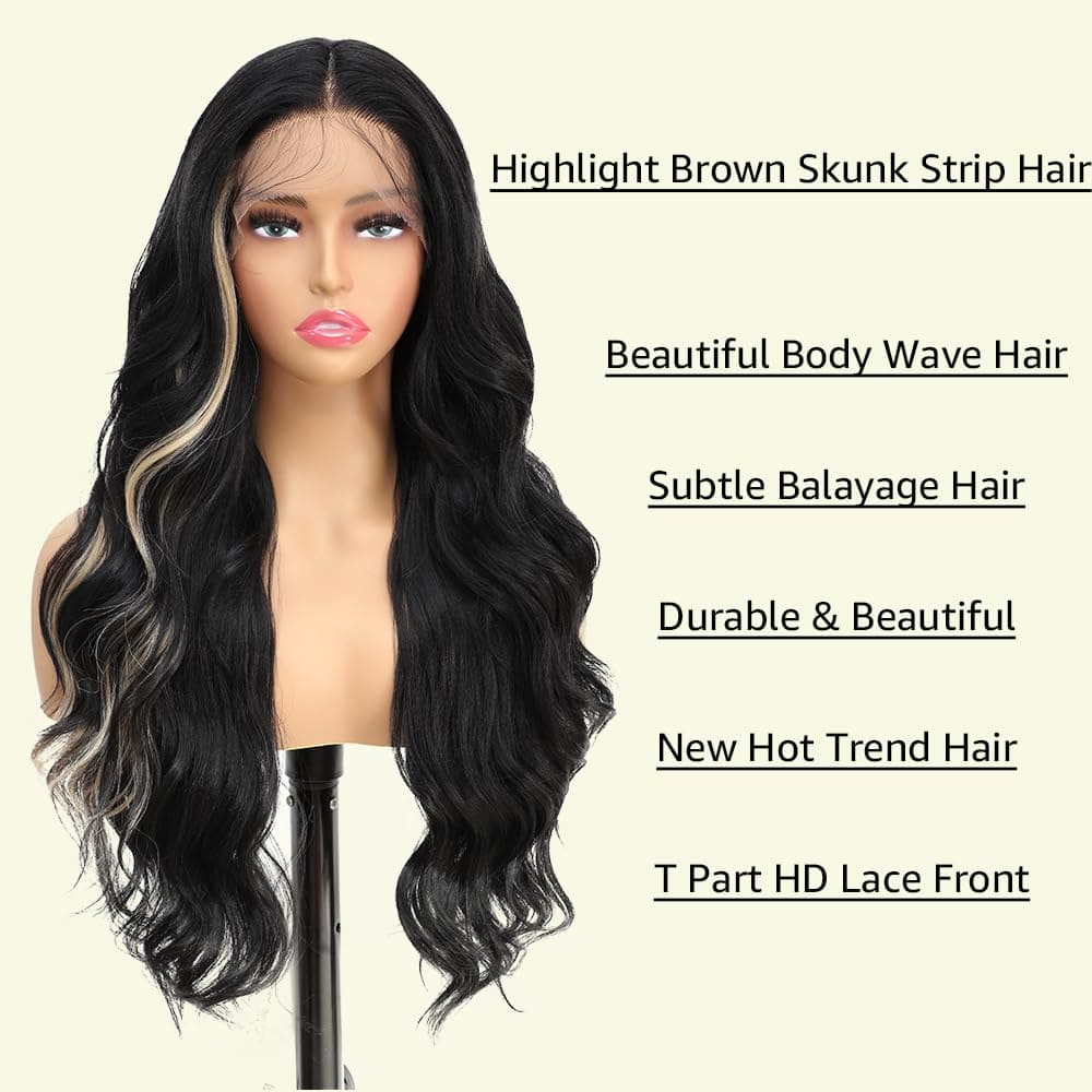 X-Tress 26" Brown Skunk Lace Front Wig HighLight Synthetic Natural Wavy Hair Wig for Women Black Wig for Women 13x4x1 Lace Front Wig for Women Body Wave Wig Blend Mixed Hair Wig(Brown Skunk)