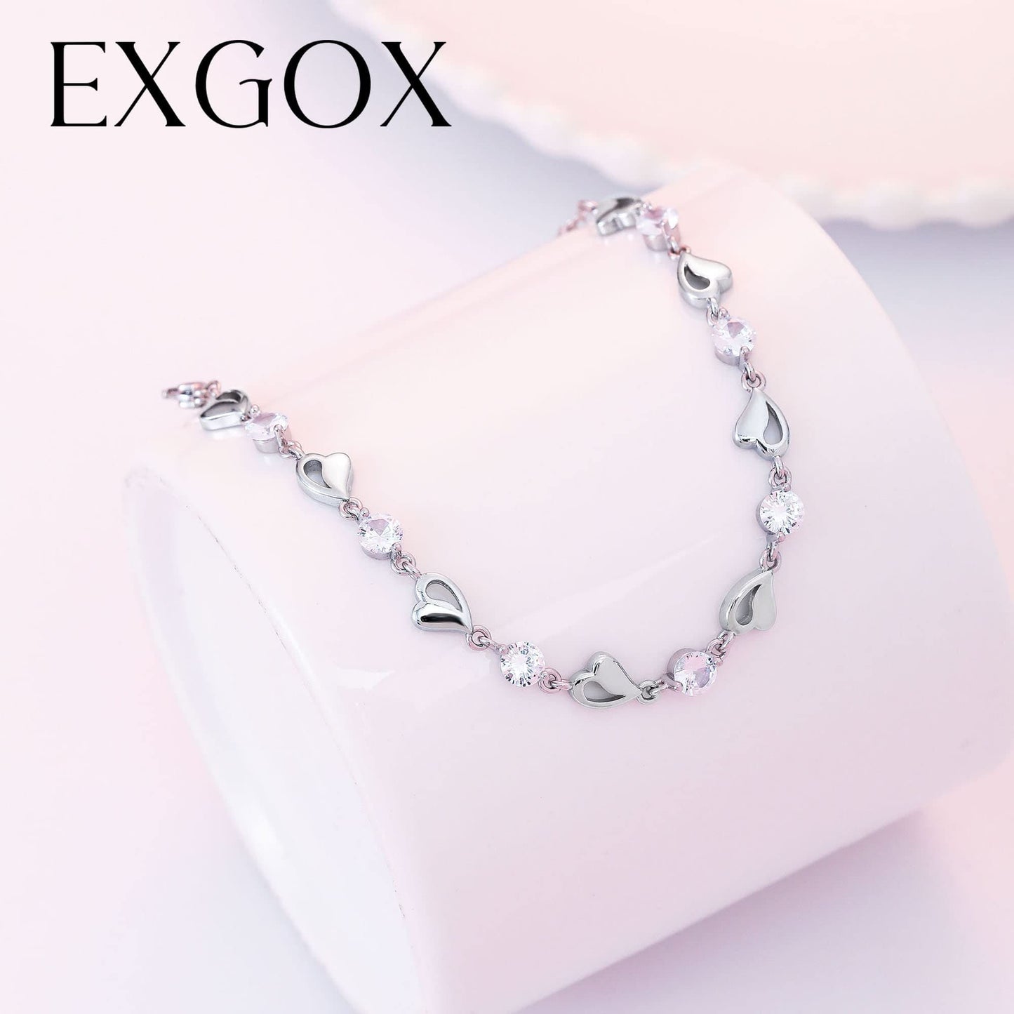 EXGOX Silver Bracelet for Women,925 Sterling Silver Love Shiny Crystal Diamond Adjustable Heart Bracelet for Women Girls