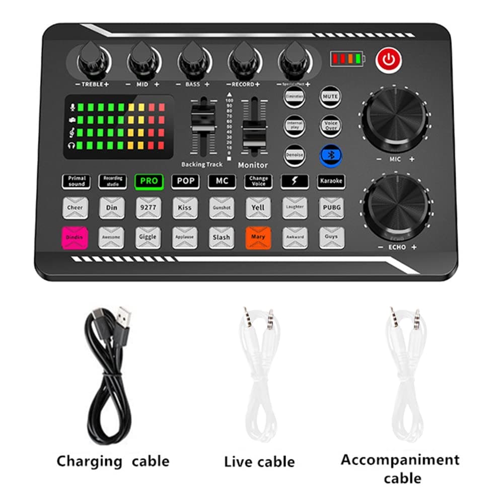 Kisbeibi Live Sound Card with LED Light Universal Bluetooth Stereo Audio Mixer Voice Changer Phone Computer Sound Card for Podcast Streaming PC Recording Studio and Gaming