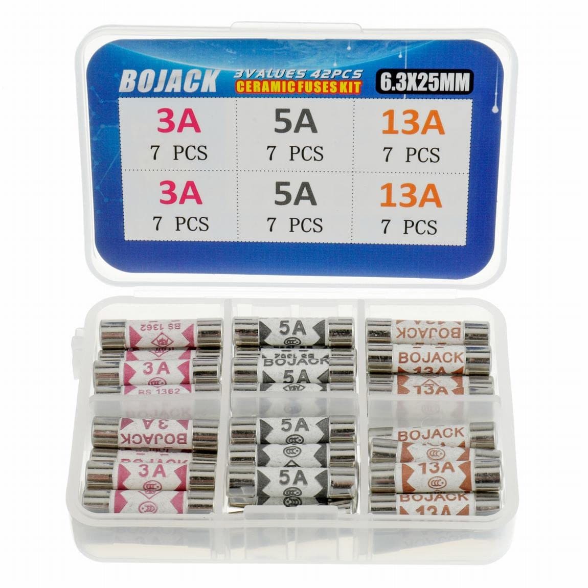 BOJACK 3 Values 42 pcs 3 5 13 A amp 240 V Volt Household Mains Plug Fuse 6.3x25 mm 0.25x1Inch BS1362 Ceramic Tube Cartridge Fuses Assortment Kit packag in a Clear Plastic Box