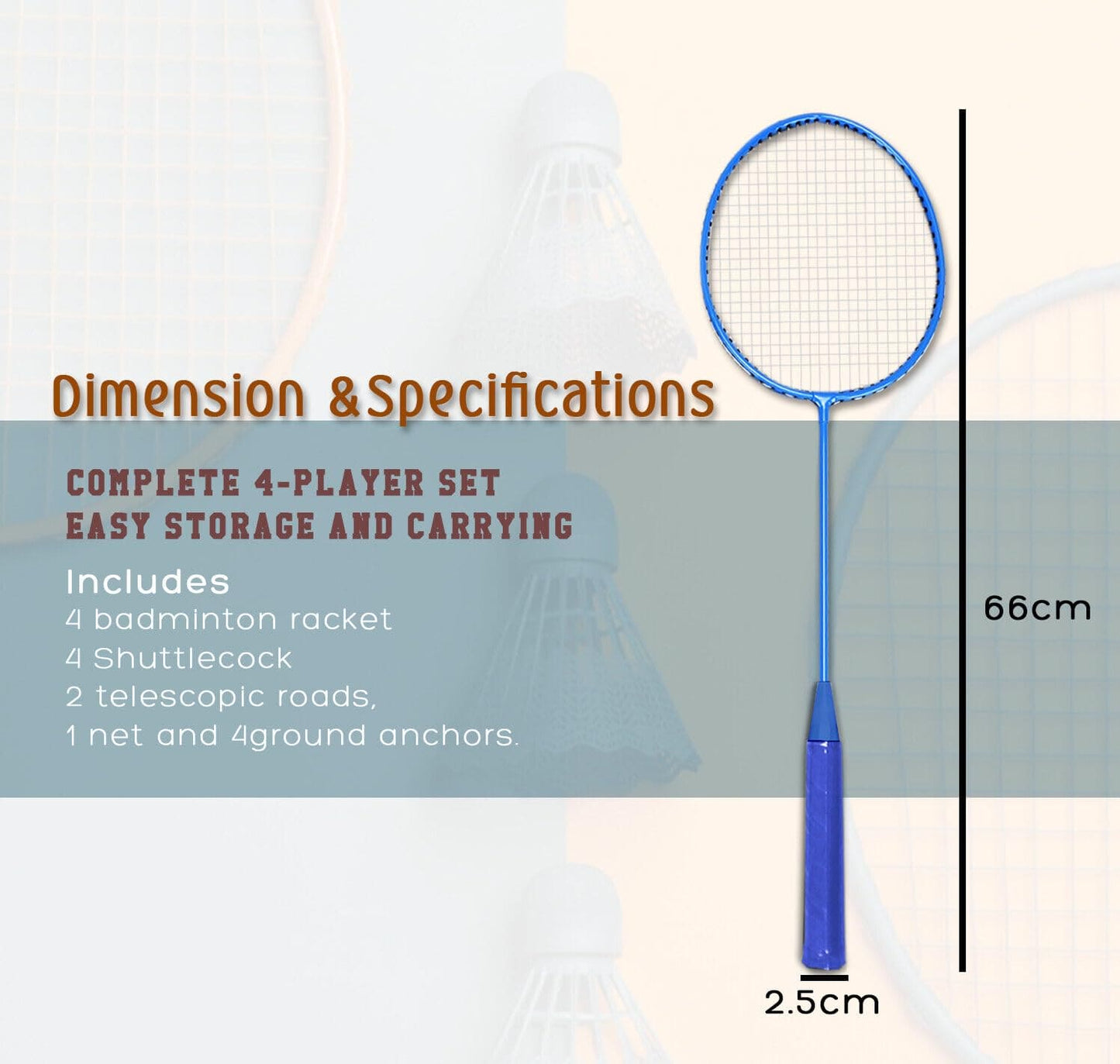 FK Sports 4 Player Badminton Rackets set, Garden Beach Outdoor Kids Adults Family Game, With Net Shuttlecocks Carry bag