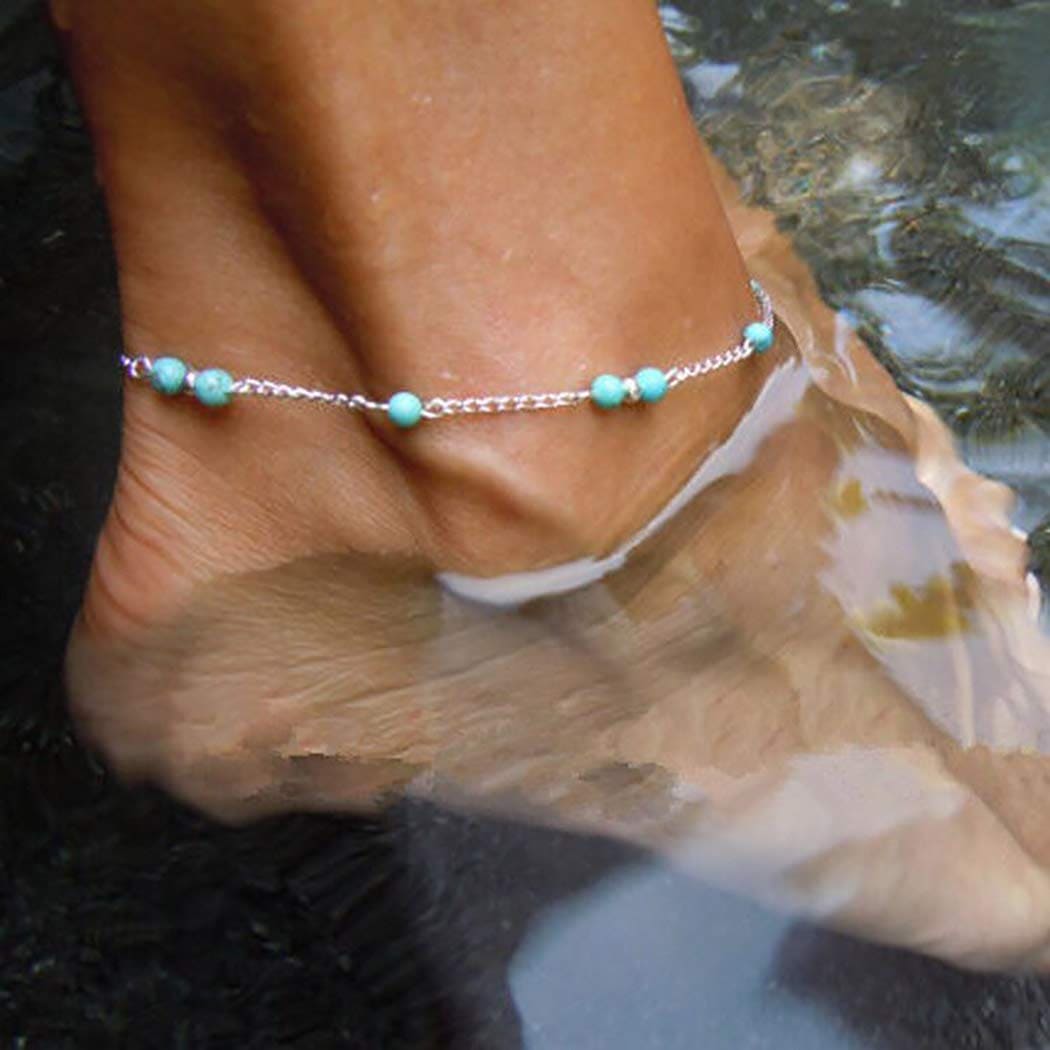 Wedity Boho Turquoise Anklets Silver Beaded Anklet Bracelets Beach Accessories Foot Jewelry Adjustable for Women and Girls