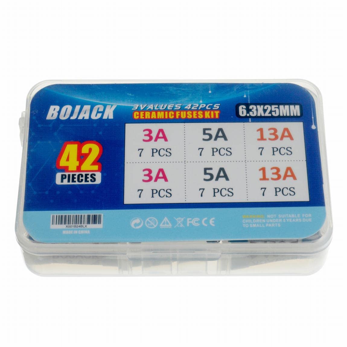 BOJACK 3 Values 42 pcs 3 5 13 A amp 240 V Volt Household Mains Plug Fuse 6.3x25 mm 0.25x1Inch BS1362 Ceramic Tube Cartridge Fuses Assortment Kit packag in a Clear Plastic Box