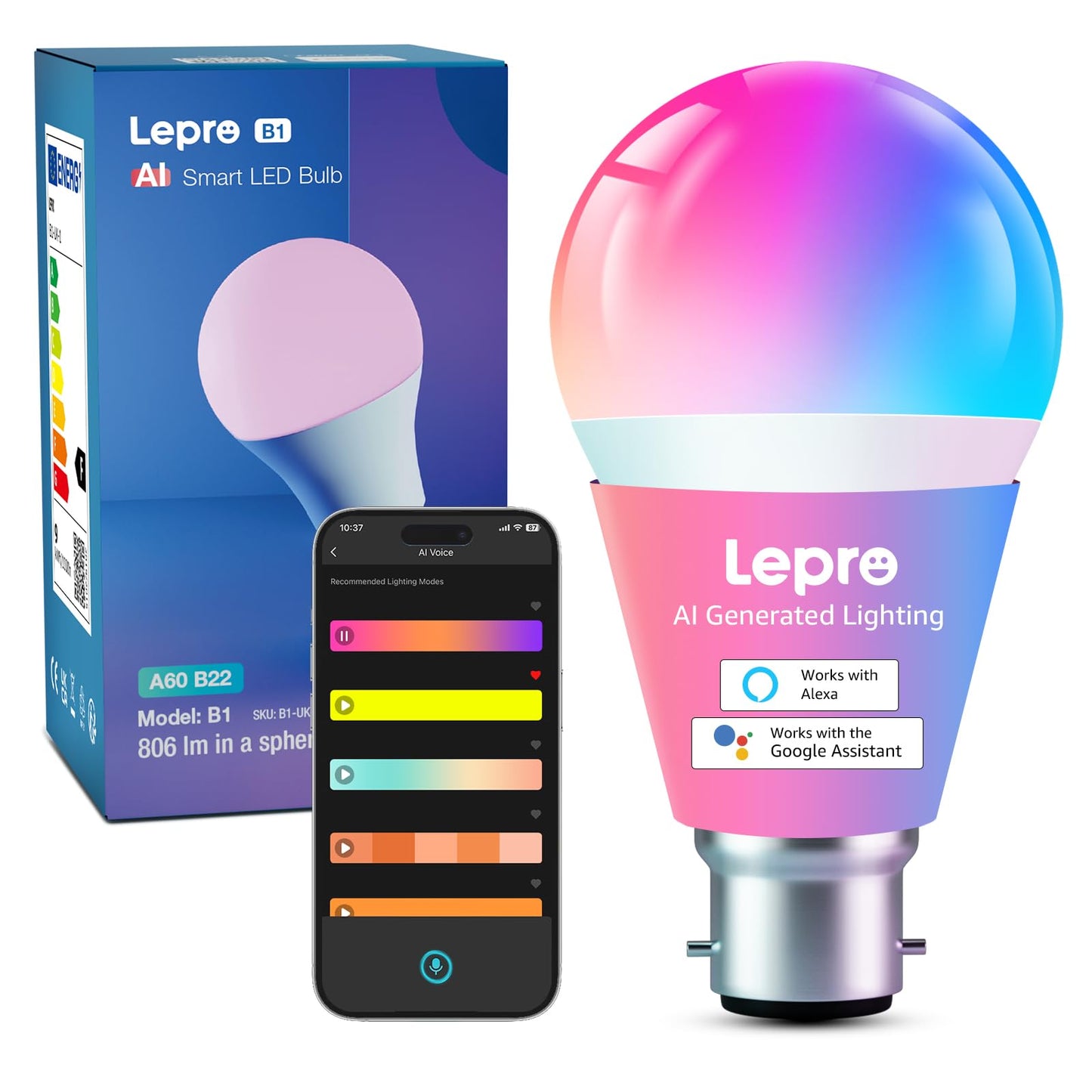 Lepro B1 AI Smart Bulb B22, Bayonet Bluetooth & WiFi Bulb That Works with Alexa, Music Sync, LLM AI-Generated Lighting, APP & Voice Control, 8.5W, 806lm, DIY 16 Million Color Changing Light Bulb