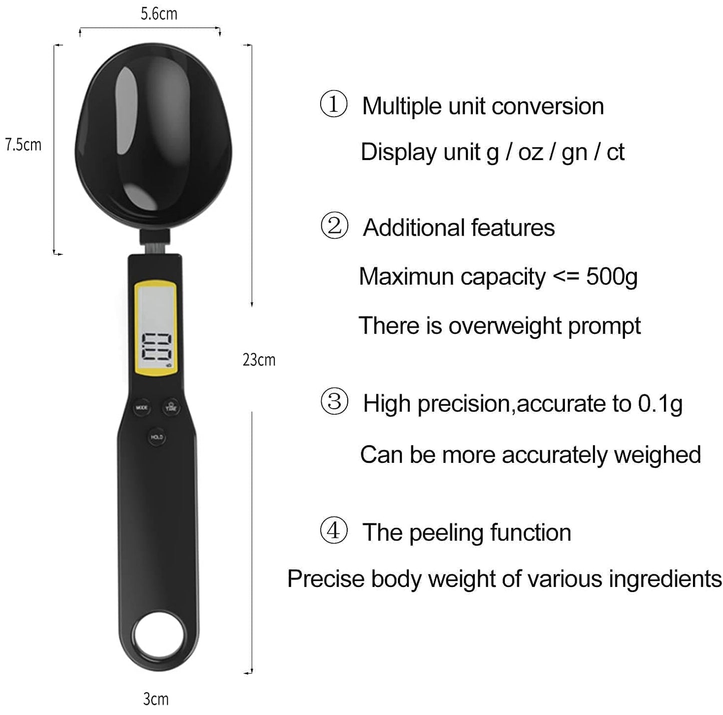 OBEST Electronic Measuring Spoon, Digital Scale Spoon, Kitchen Electronic Weighing Spoon with LCD Display for Cooking, Baking, Flour, Spices, Medicine, Seasoning (Black）