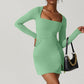 Qianderer Womens Square Neck Bodice Dress Long Sleeve Side Slit A-Line Flare Mini Dresses Cocktail Party Club Dress (Green, XL)