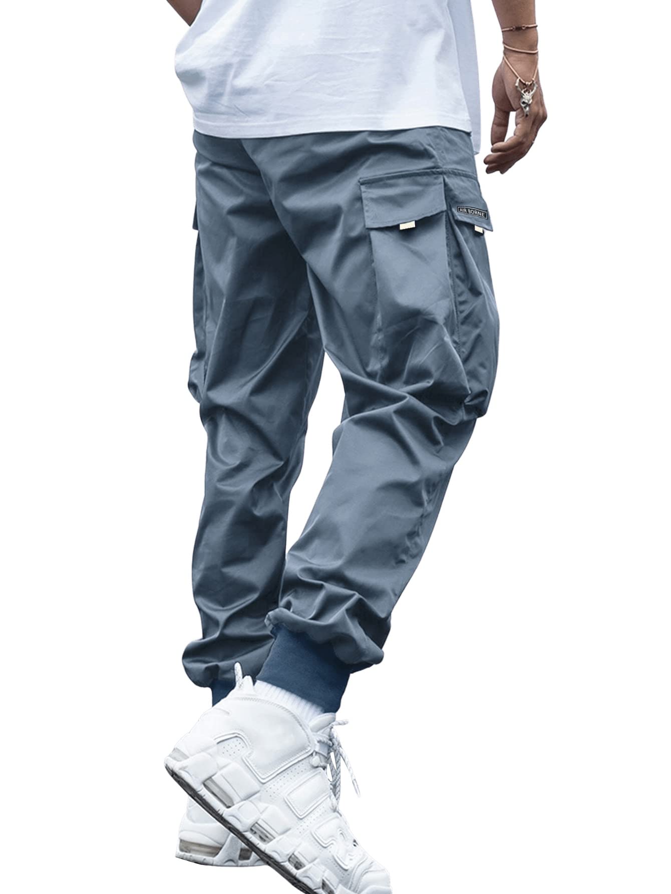 OYOANGLE Men's Casual Drawstring Elastic Waist Flap Pocket Letter Graphic Street Jogger Cargo Pants Dusty Blue L