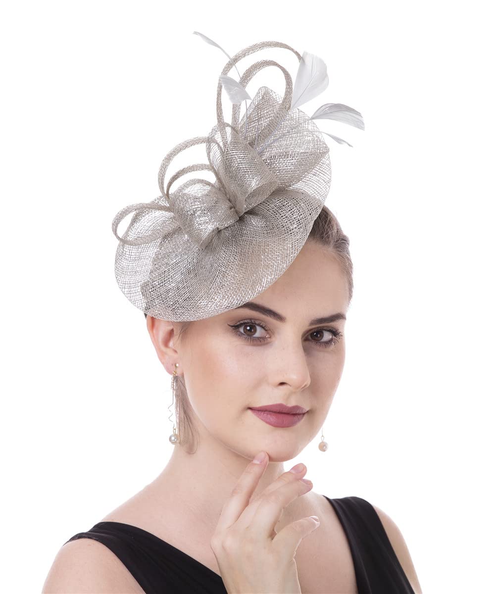 Sinamay Flower Feather Headband Fascinator Wedding Headwear Ladies Race Royal Ascot Pillbox Wedding Cocktail Tea Party Derby Hat for Women(A16-Grey)