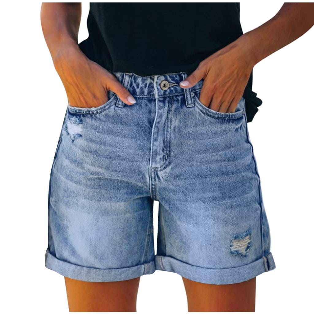 AMhomely Denim Shorts for Fashion Womens Pocket Jeans Denim Pants Female Hole Bottom Sexy Casual ShortsStretchy Distressed Jeans Boyfriend Hotpants Half Pants Summer Ripped Short Pants