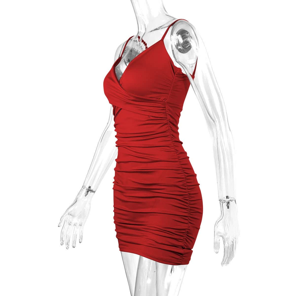 Zesoyne Womens Sexy Mini Dress Bodycon Ruched Tank Dress Spaghetti Strap Vneck Party Club Short Wrap Cami Dress Clubwear X-Small Red