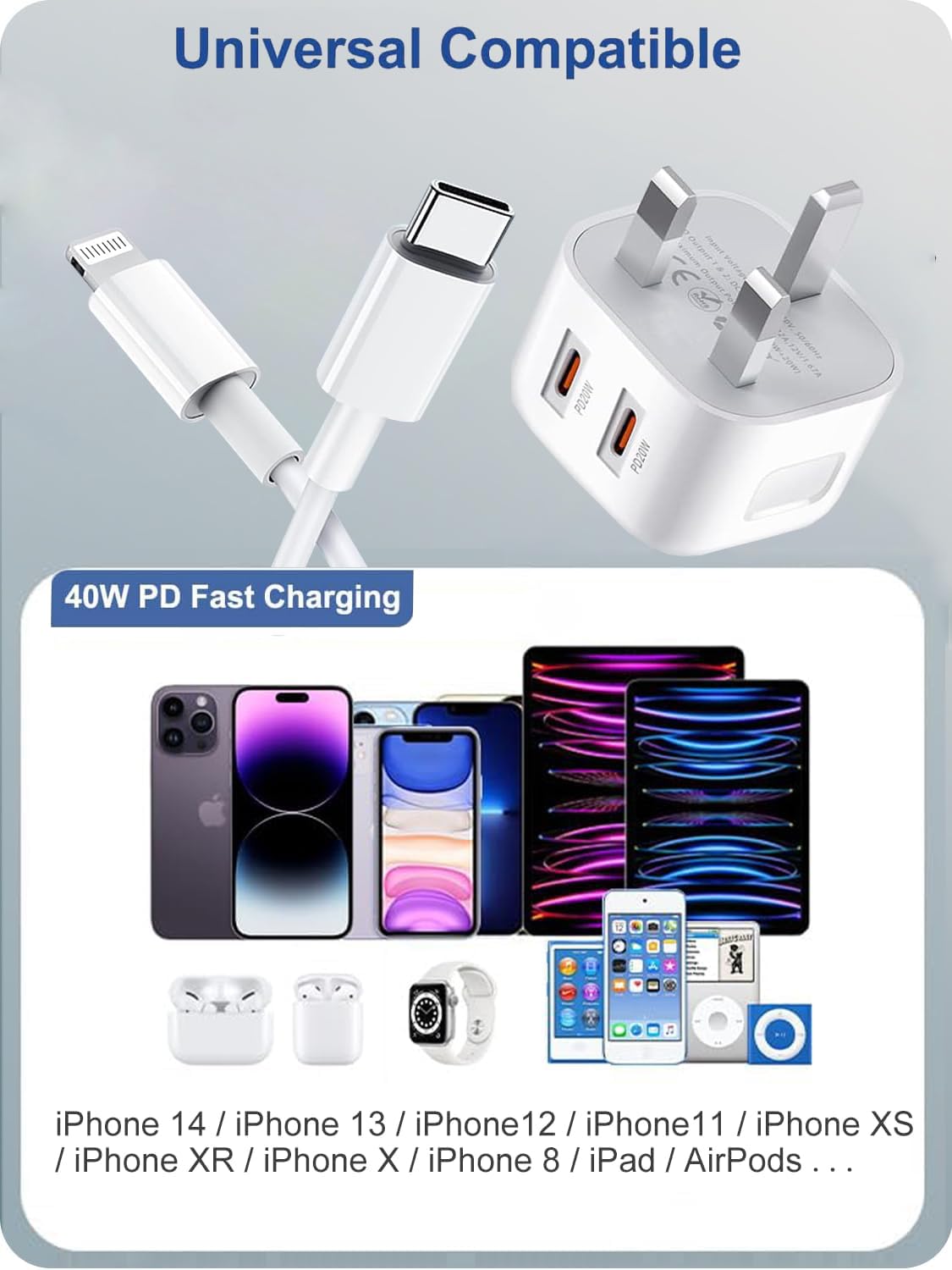 i Phone Fast Charger plug and Cable, [MFi Certified] dual 20W PD USB C Power Adapter with USB C-Lightning*1+USB C-USB C*1 Cable 2M,USB C Wall Charger for i Phone14/13/12/11/X/8/iPad AirPod