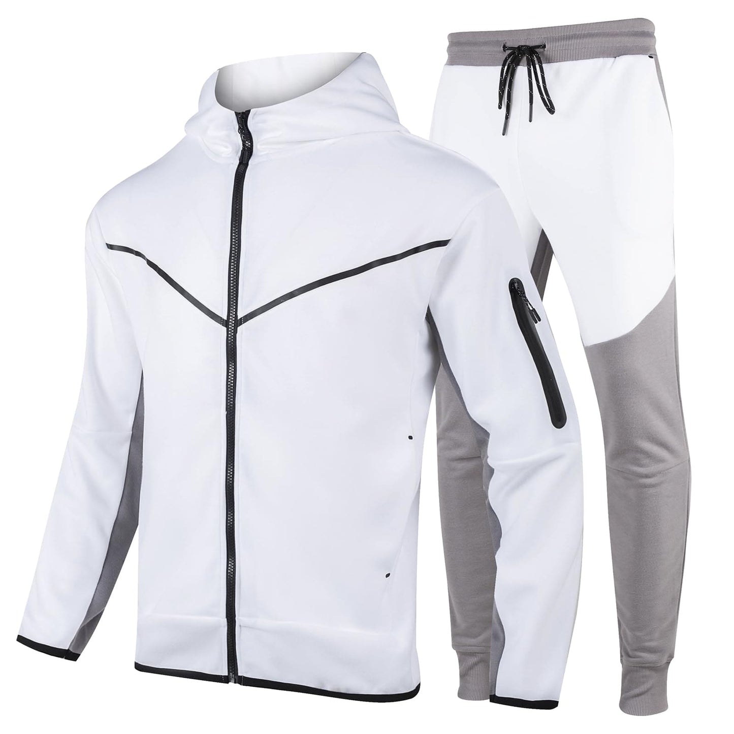 ANGELA BEBE Men's Tracksuits Sweatsuits For Men Hooded Tracksuit Sweatsuit Long Sleeve Full-Zip Jogging Sweatpants 2 Piece Set Sports Causal Jogging Warm Suit（XL, White/Ash Grey）