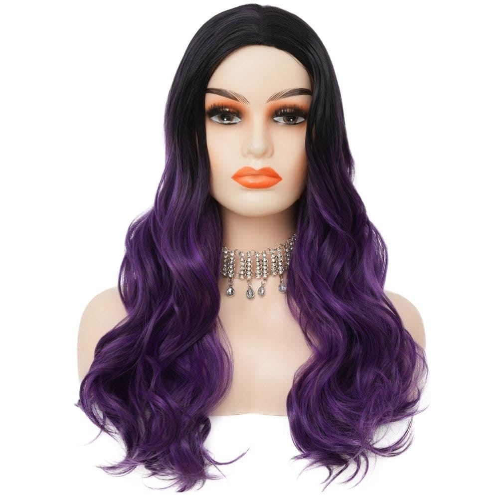 Siudus Purple Ombre Womens Long Wavy Wigs Synthetic Natural Curly Black and Purple Wig for Halloween Daily Use (Purple)