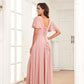 PAVERJER Dusty Rose V Neck Bridesmaid Dresses for Women with Sleeves Long A-Line Side Slit Chiffon Pleated Evening Gown with Pockets Size 0