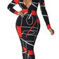 JerXox Women's Sexy Bodycon Midi Dress Long Sleeve Zipper Stretchy Printed Party Dresses Black Red