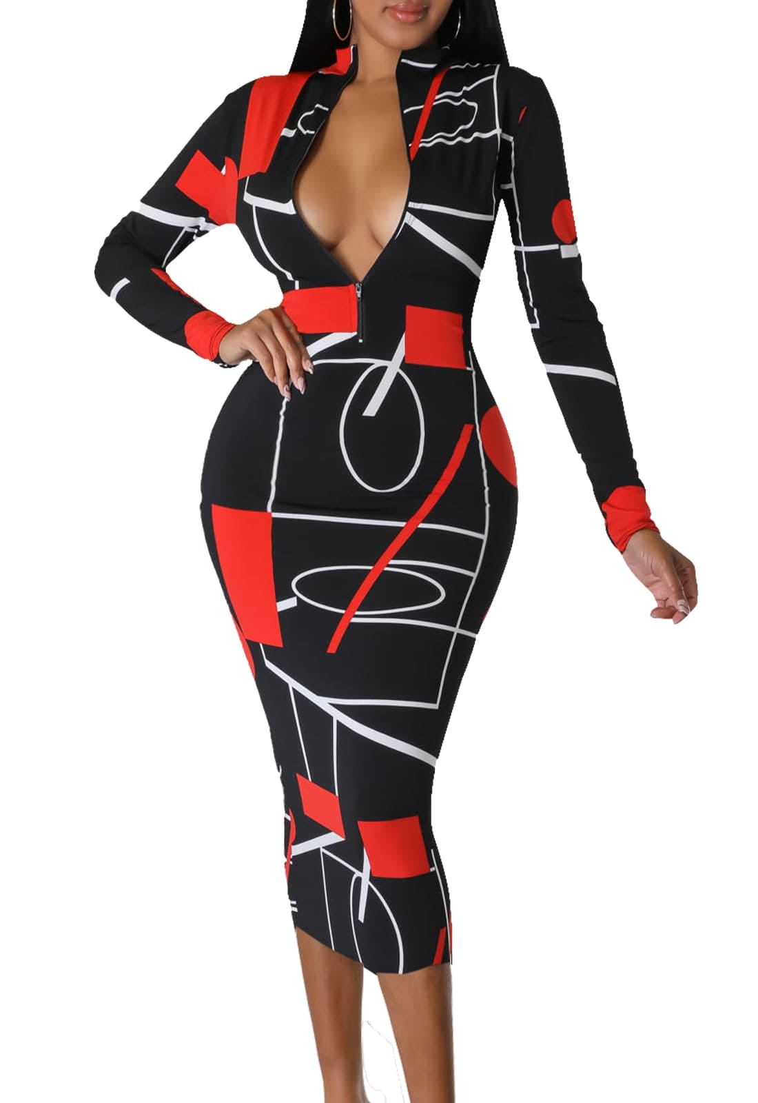 JerXox Women's Sexy Bodycon Midi Dress Long Sleeve Zipper Stretchy Printed Party Dresses Black Red