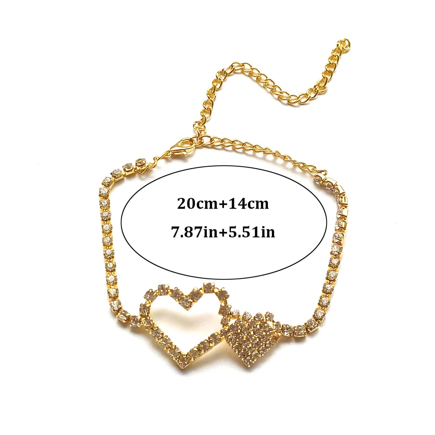 Rhinestone Heart Anklet Bracelet Crystal Lariat Heart Foot Chain Beach Adjustable Barefoot Sandal Jewelry for Women Girls Teens (Gold)