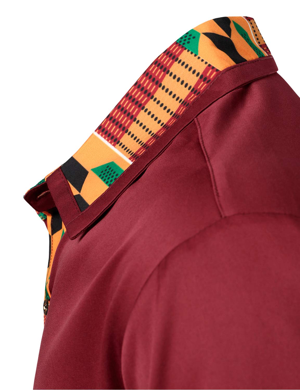 LucMatton Men's African Printed Patchwork Design Short Sleeve Button up Shirt Traditional Dashiki Burgundy Small