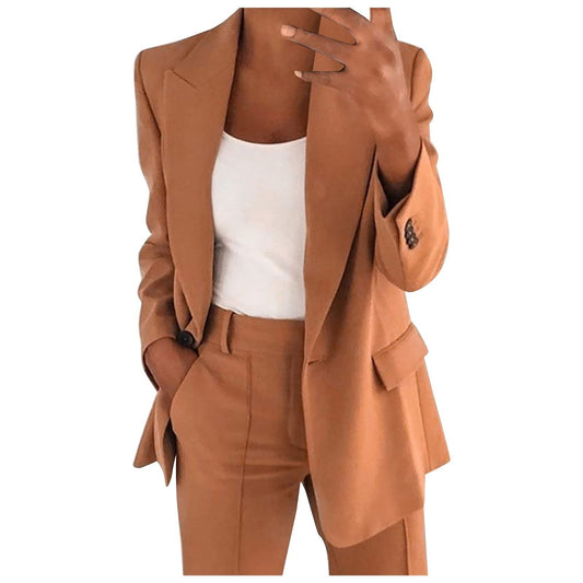 Blazer Suit Set Women Sale 2 Piece Suits for Women Button Long Sleeve Jacket Long Pants Solid Color Two Piece Outfits Lapel Outerwear Blazer and Trouser Suits Ladies Sets Plus Size Khaki XXL