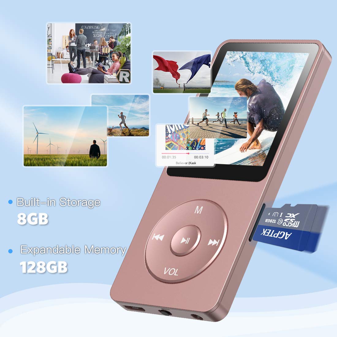 AGPTEK A02 8GB MP3 Player, 70 Hours Playback Lossless Sound Music Player, Supports up to 128GB, Rose Gold