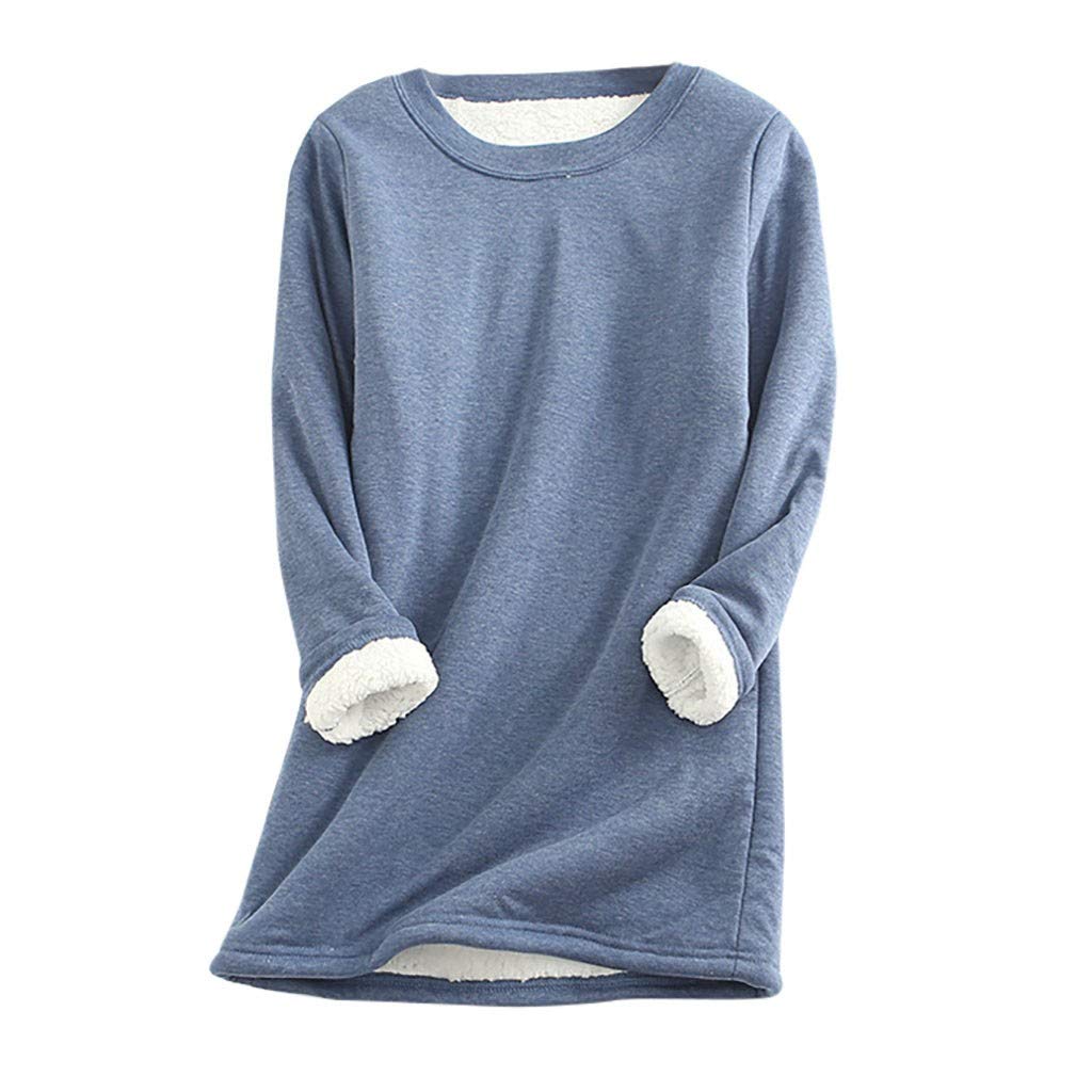 AMhomely Women's Jumpers Fleece Winter Warm Long Sleeve Sweater Lined Crewneck Sweatshirt Tops Autumn Casual Pullover Blouses Ladies Christmas Jumper Sweatshirts Loose Sportswear Tops, Blue, XL