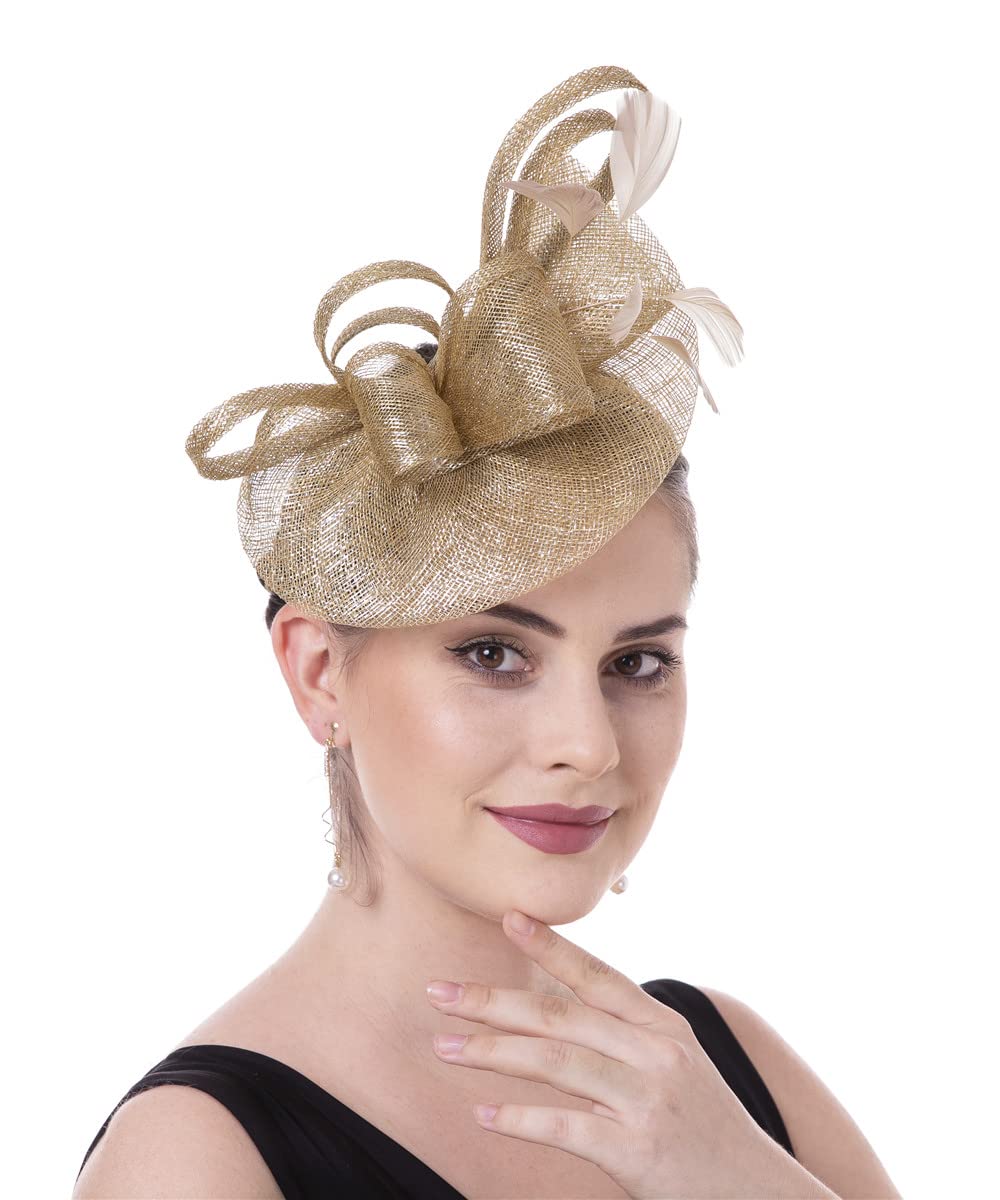 Sinamay Flower Feather Headband Fascinator Wedding Headwear Ladies Race Royal Ascot Pillbox Wedding Cocktail Tea Party Derby Hat for Women(A16-Khaki)