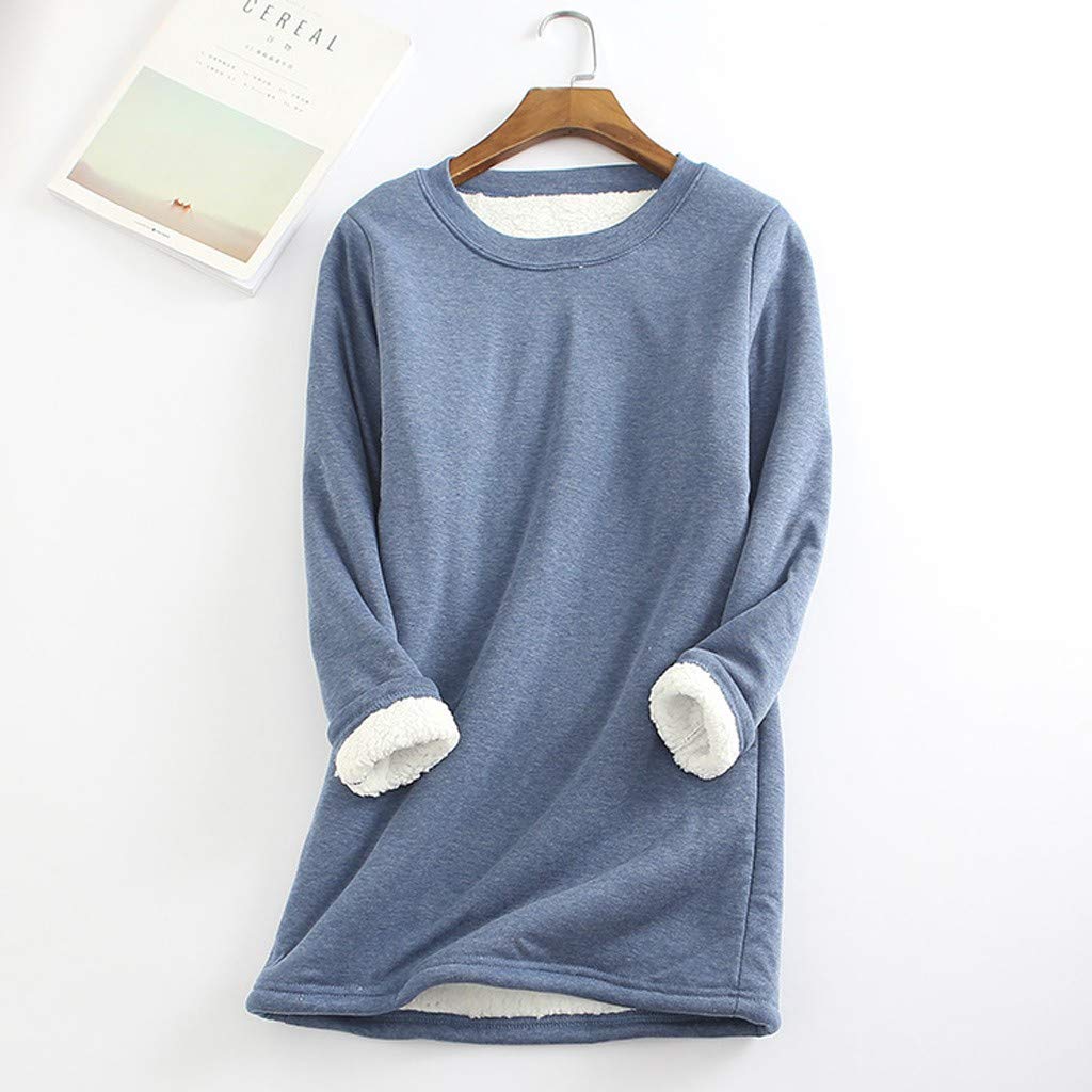 AMhomely Women's Jumpers Fleece Winter Warm Long Sleeve Sweater Lined Crewneck Sweatshirt Tops Autumn Casual Pullover Blouses Ladies Christmas Jumper Sweatshirts Loose Sportswear Tops, Blue, XL