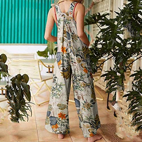 Dungarees for Women UK,Ladies Ethnic Jumpsuits Summer Sale Casual Sleeveless Floral Jumpsuit Wide Leg Trousers Beach Boho Spaghetti Straps Bib Overalls Long Pants Rompers Playsuits with Pockets