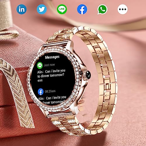 Smart Watches for Women (Answer/Make Call) with Diamonds, 1.3” HD Touch Screen Bluetooth Smartwatch for Android iOS Phones, Fitness Activity Trackers with Heart Rate/SpO2/BP/Sleep Monitor (Gold)