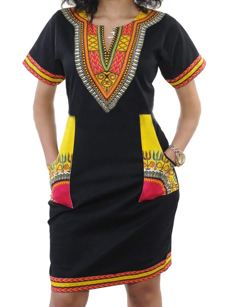 Womens Bohemian African Print Dashiki Dresses Knee Length Jamaican Outfits Boho Dresses Blackyellow