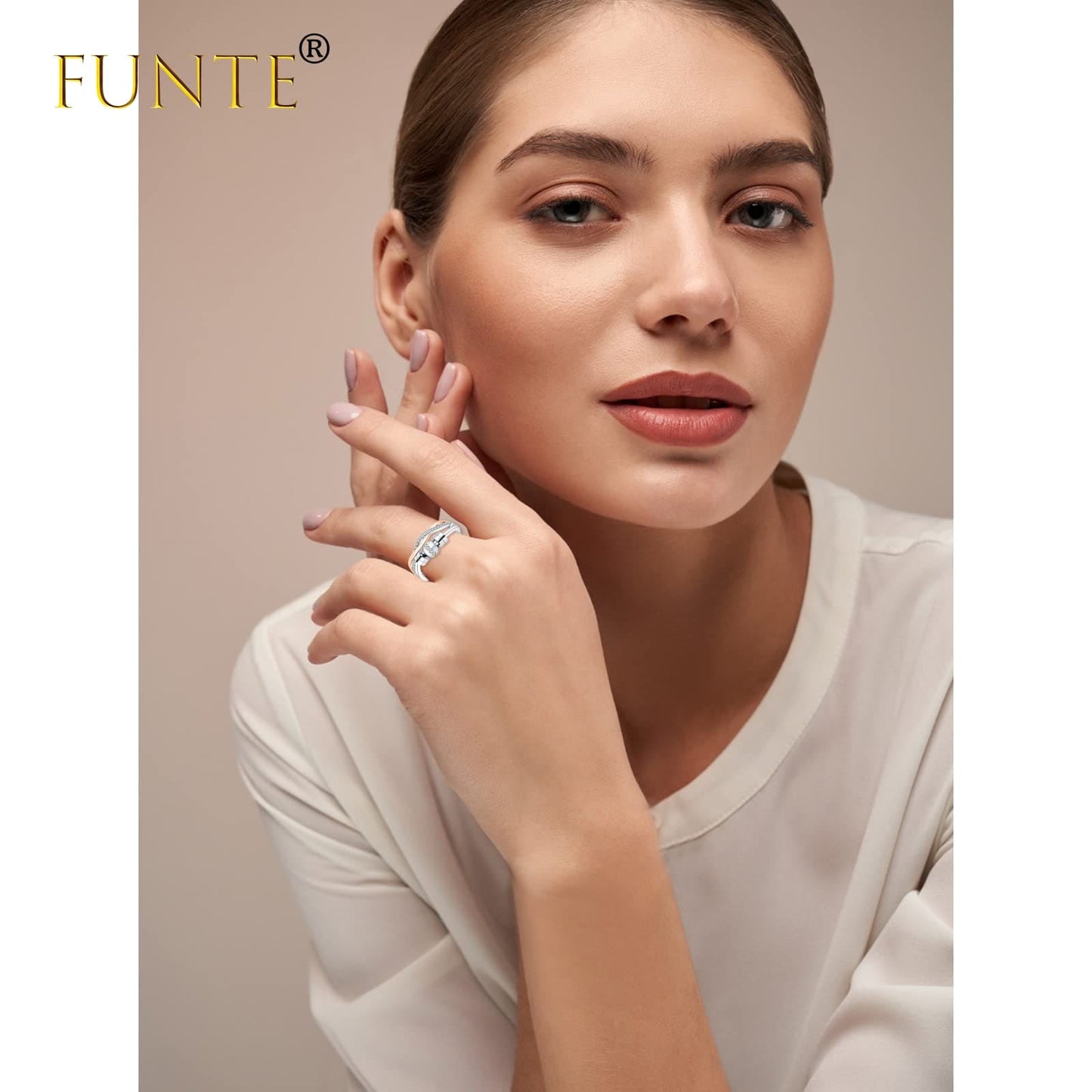 FUNTE® Anxiety Rings for Women 925 Sterling Silver Fidget Rings Adjustable Rose Gold Ring Thumb Rings for Stress Relief Five Spinner Beads Rings Twist Cubic Zirconia Rings