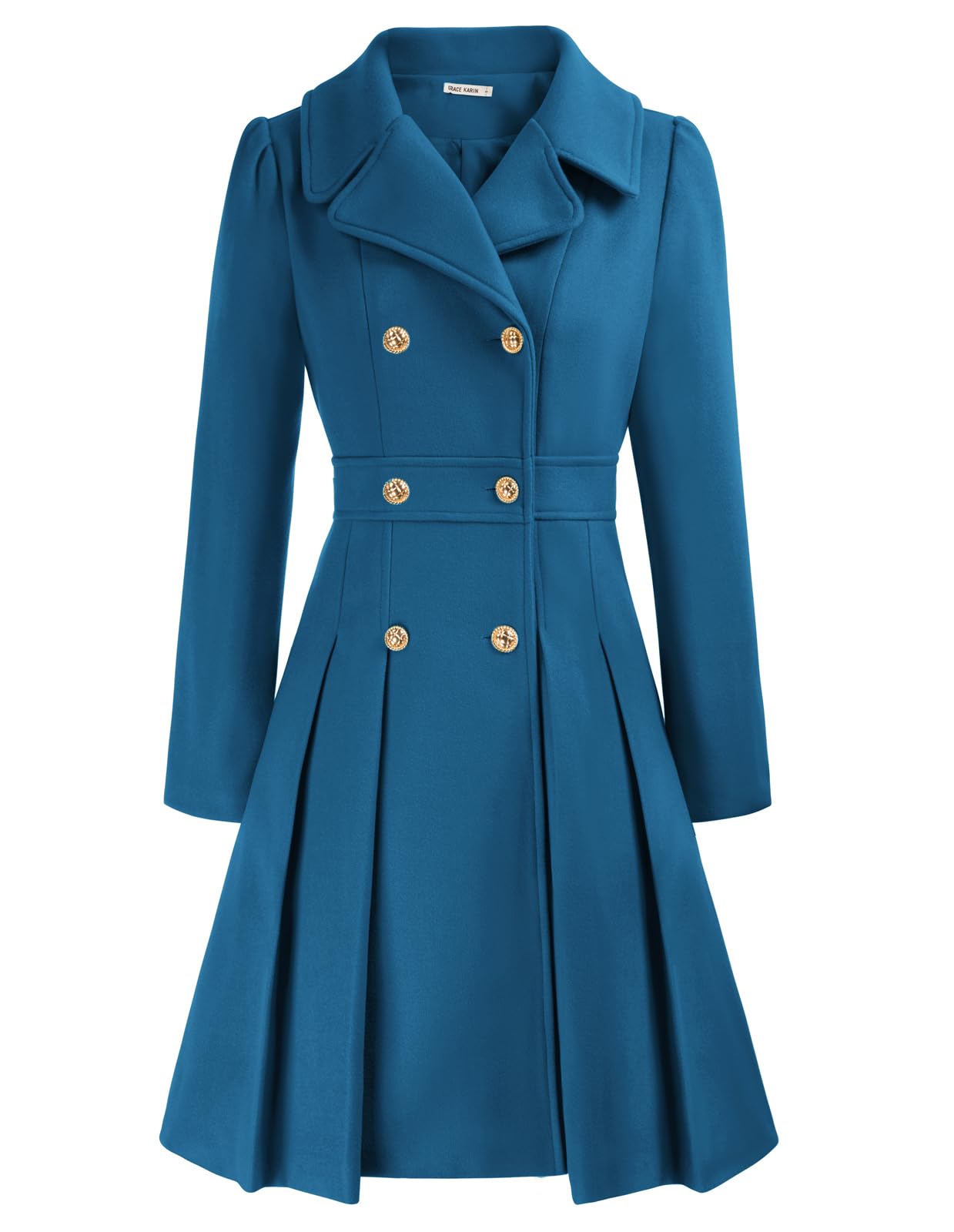 GRACE KARIN Ladies Elegant Wool Blends Trench Coat Slim Fit Double-Breasted Duffle Peacoat for Women Cerulean L