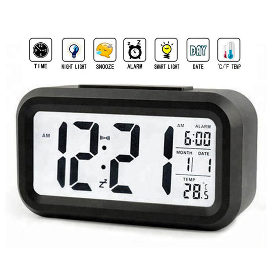 DTL Digital Alarm Clock LED Display with Temperature Big Larger LCD Digit Backlit Display Snooze Smart Brightness Sensor for Bedroom Home Office and Travel (Black)