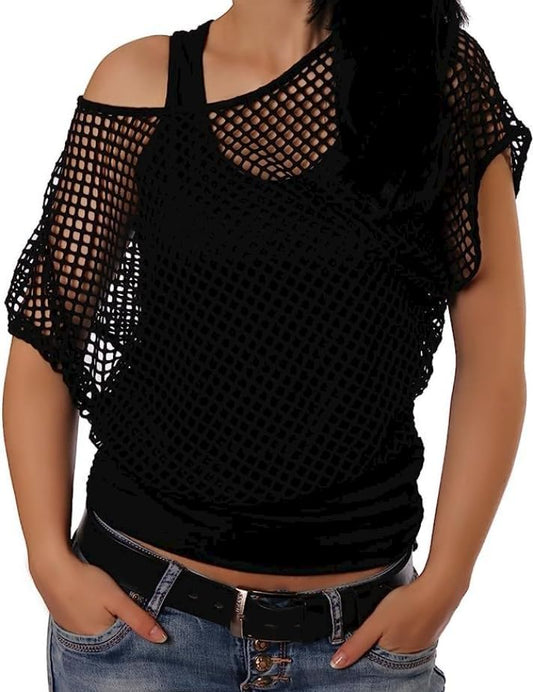 ELFIN Women 80s T Shirts Neon Fishnet Mesh Top Off Shoulder Tops Fany Dress for Women (Tops+Vest)