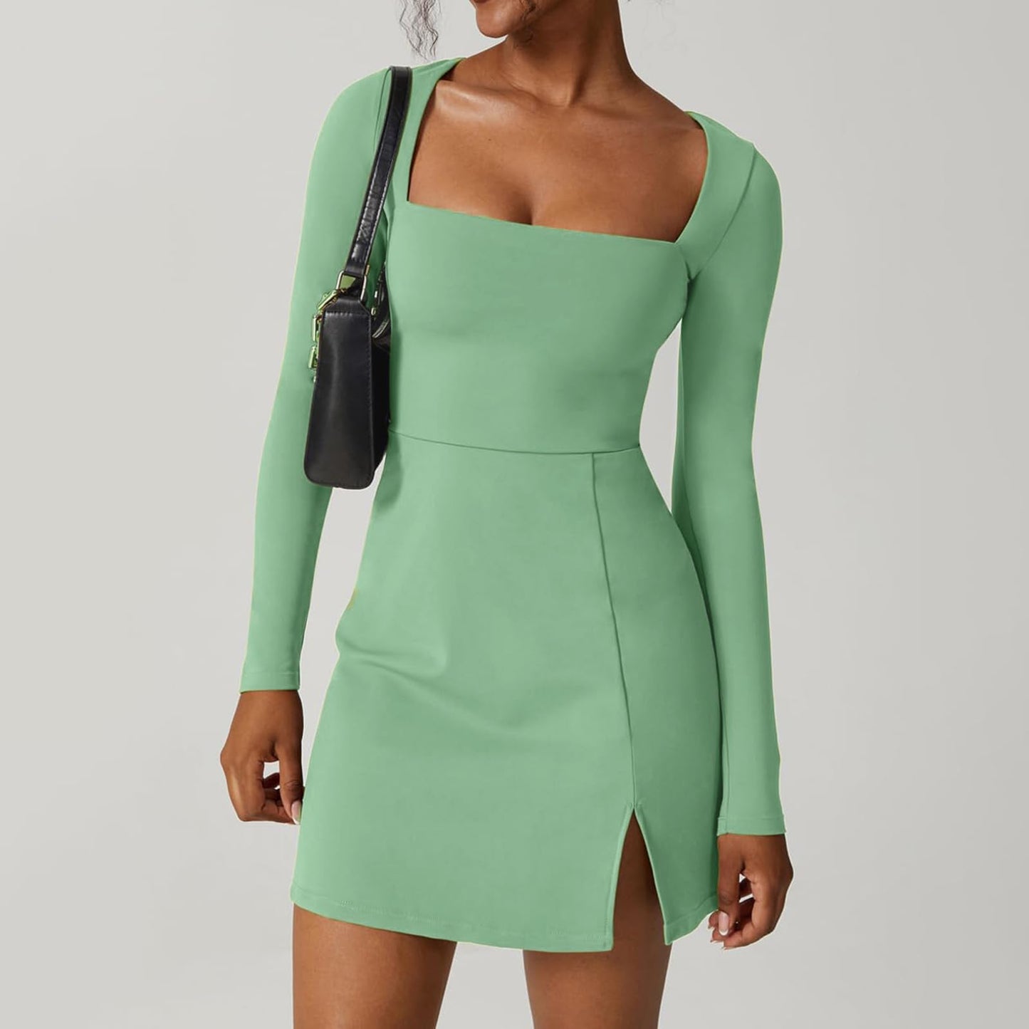 Qianderer Womens Square Neck Bodice Dress Long Sleeve Side Slit A-Line Flare Mini Dresses Cocktail Party Club Dress (Green, XL)