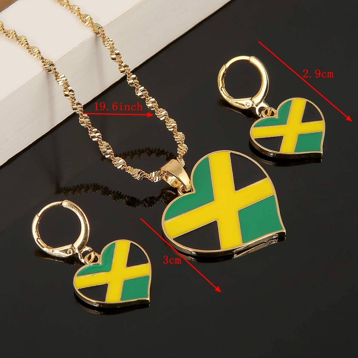 Heart Enamel Jamaica Pendant Necklaces Jewellery Gold Color Jewelry Jamaican Flag Jewelry (Pendant with Earring Set)