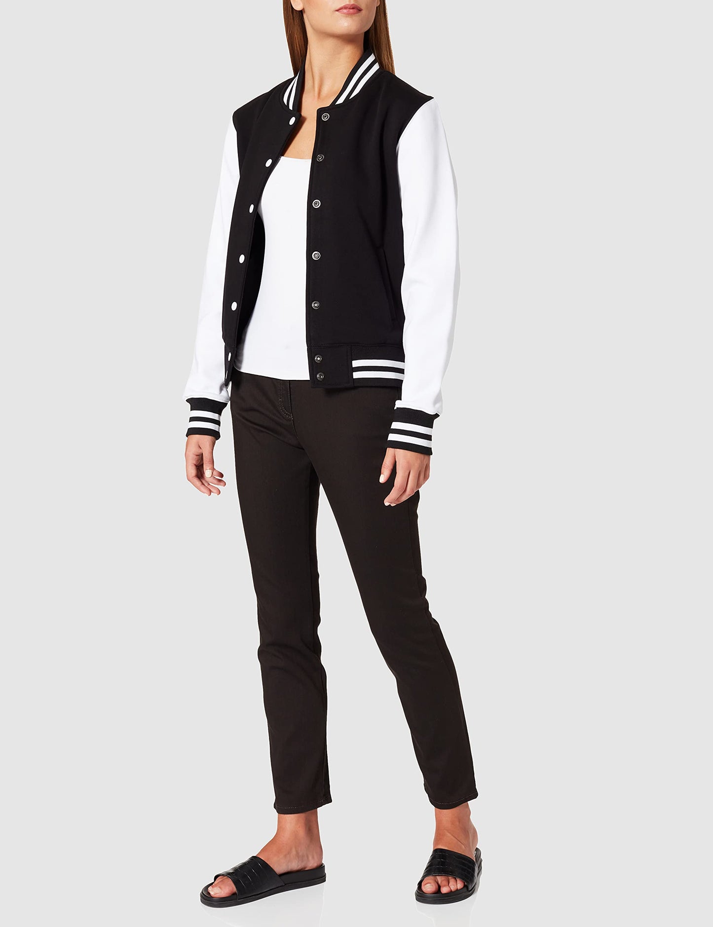 Build Your Brand Women's Ladies Sweat College Jacket Varsity, Black/White, XS