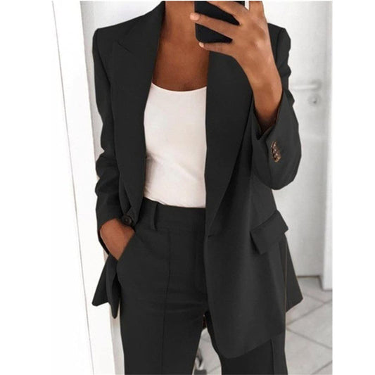 Blazer Suit Set Women Sale 2 Piece Suits for Women Button Long Sleeve Jacket Long Pants Solid Color Two Piece Outfits Lapel Outerwear Blazer and Trouser Suits Ladies Sets Plus Size Black XXL