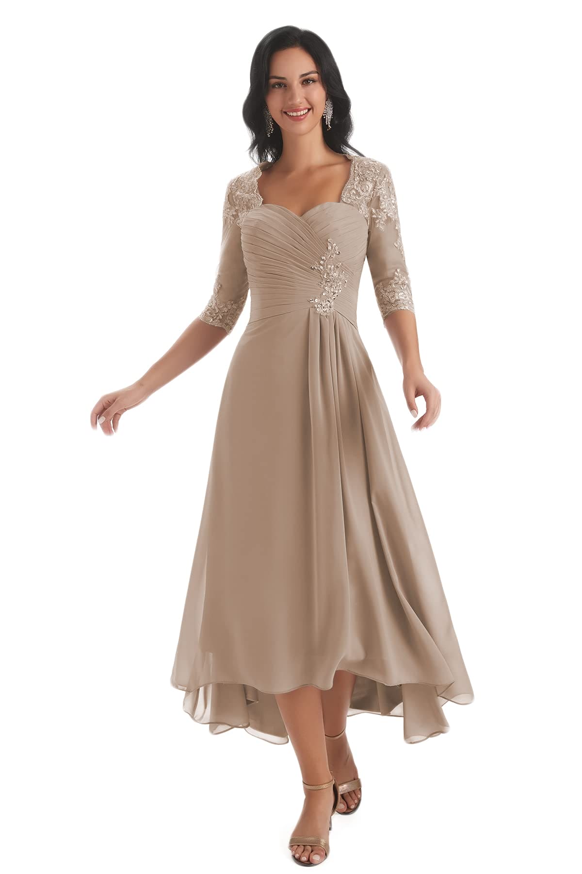 Taupe Mother of The Bride Dresses for Wedding 2023 High Low Tea Length Formal Dress with Sleeves Size 0