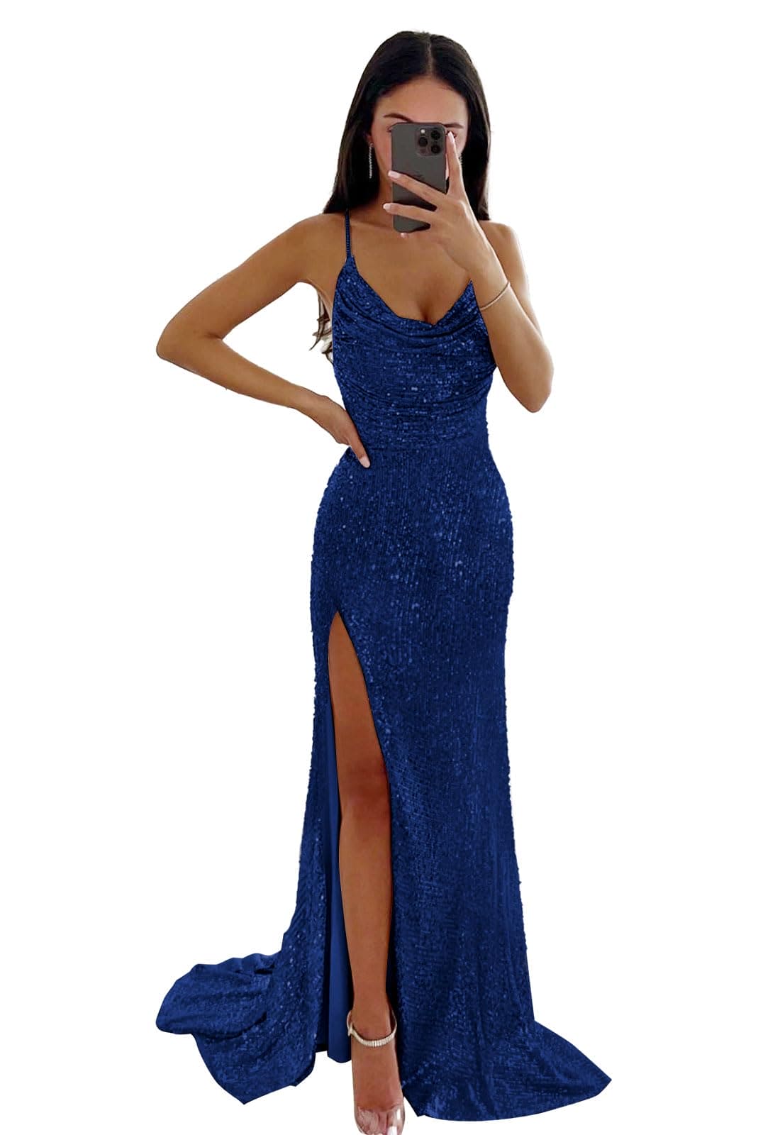 PAVERJER Sequin Prom Dresses for Teens 2024 Mermaid Formal Dress Long Cowl Neck Evening Party Gown with Slit Red Size 8