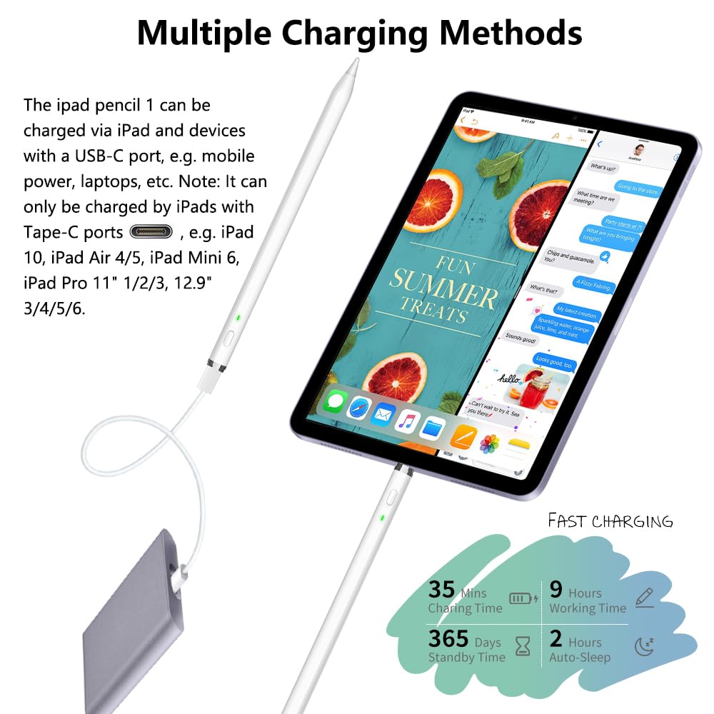 Stylus Pen for iPad 2018-2024, USB C Pencil 1st Generation with 10X Fast Charge, Tilt Sensing & Palm Reject, Professional Pencil for iPad 10th/9th~6th, iPad Air 3~5, iPad Mini 5/6, iPad Pro 11"/12"