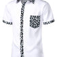 LucMatton Men's Stylish Leopard Print Patchwork Design Short Sleeve Button up Shirt for Club Party White Leopard X-Large