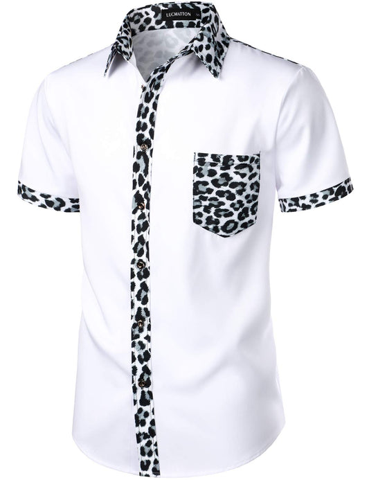 LucMatton Men's Stylish Leopard Print Patchwork Design Short Sleeve Button up Shirt for Club Party White Leopard X-Large