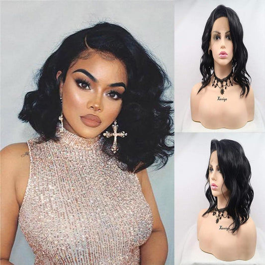 Xiweiya Wigs 1b# Black Loose Wave Bob Lace Front Wig Side Part Natural Black 13x4 Lace Front Wig Natural Hairline Heat Reistant Fiber Synthetic Full Wig Soft Wig for Women 14inch