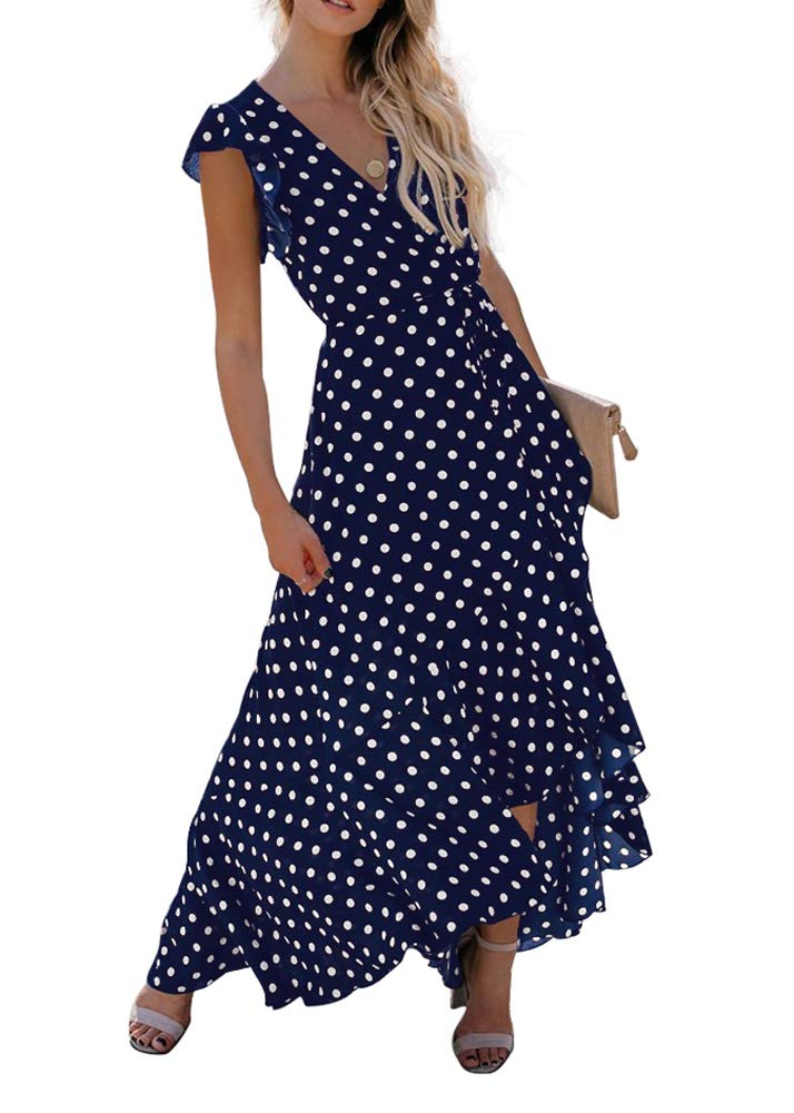 GRECERELLE Womens Summer Maxi Dress Boho Floral Cocktail Midi Polka Dot Wrap Dresses V Neck Casual Party Bohemian Flowy Long Dress for Ladies