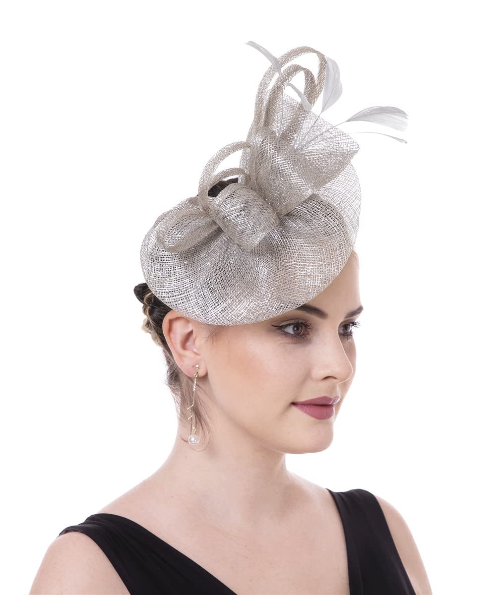 Sinamay Flower Feather Headband Fascinator Wedding Headwear Ladies Race Royal Ascot Pillbox Wedding Cocktail Tea Party Derby Hat for Women(A16-Grey)